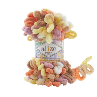 Příze Puffy Color béž/oranž/hnědá/žlu/fialková mix Alize